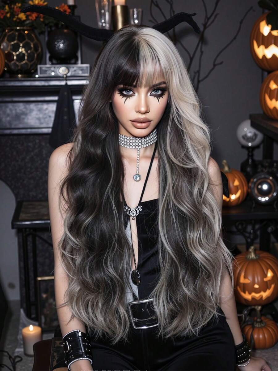 Halloween Women's Black & White Wavy Curly Wig With Bangs, Natural Soft Braided, Long Curly Highlighted, Suitable For Daily Wear, Party, Cosplay And Other Occasions, 26 Inches