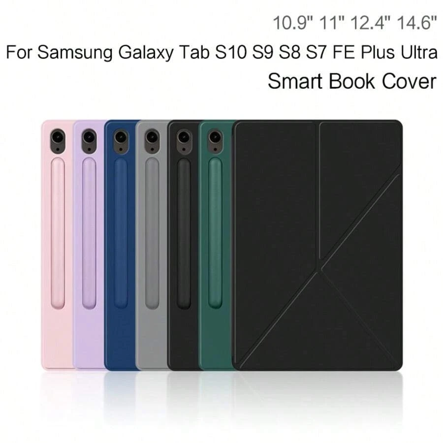 Black Magnetic Design Smart Book Cover Case Compatible With Samsung Galaxy Tab S10/S9 FE/S8/S7 11 Inch/S10+/S9 Plus/S9 FE+/S8+/S7 FE/Plus 12.4 Inch/Ultra 14.6 Inch Tablets, Magnetic Design, Supports Landscape And Portrait Orientation, With Pen Slot Birthday Gift
