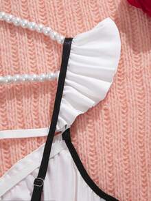 Vestido sexy plus size com babados e manga curta, laço e renda, patchwork, fantasia - Preto e Branco - Ver 5