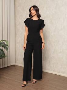 Women's Jumpsuit In Plain Marrant, Pocket, Pantaloons With Petal Sleeves, Simple Pocket Office - 黑色 - 查看 1