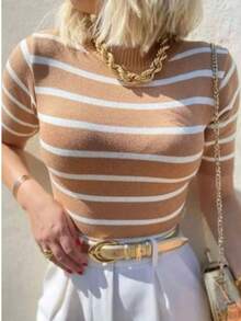 Women's Modal Knit Blouse With Short Sleeve Striped - 裸色/白色 - 查看 1