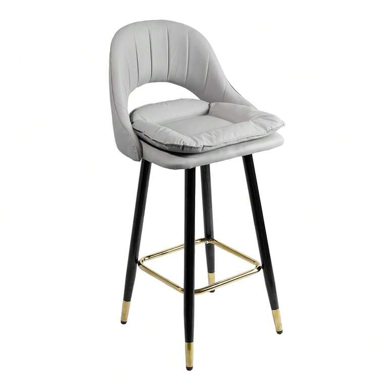 Modern Bar Stool, Elegant Contemporary Design With Backrest And Padded Cushion, Seat Upholstered In Black Faux Leather, Reinforced Metal Legs With Gold Details, Non-Slip Base, Stable Support And Ergonomic Footrest, Ideal For Kitchen, Dining Room, Breakfast Bar, Restaurant, Bar, Cafe, Luxury Decorative Furniture, Sophisticated Style, Durable, Comfortable, Easy To Clean And Maintain - Xám - Xem 1