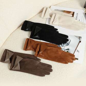 1 Double Women's Elegant Touch Screen Gloves, Warm In Winter, Thermal Lined, Elastic, Solid Color, Bow Design, Breathable Weave, Suitable For Leisure Outing, Cycling, Driving