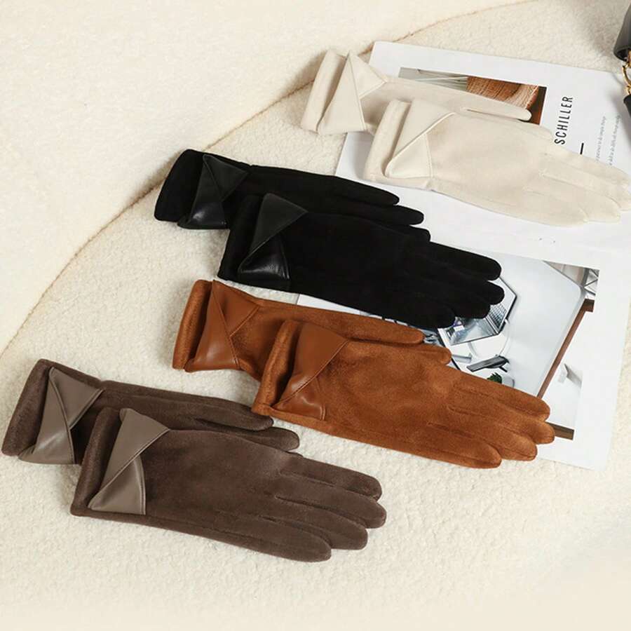 1 Double Women's Elegant Touch Screen Gloves, Warm In Winter, Thermal Lined, Elastic, Solid Color, Bow Design, Breathable Weave, Suitable For Leisure Outing, Cycling, Driving