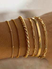 6 Pieces Of Bracelet Set, Alloy Round Bead Chain Box Chain, Simple And Fashionable Bracelet, A Versatile Jewelry Collection Suitable For Daily Wear, Including Paper Clip Chain, Herringbone Chain And Figaro Chain Design