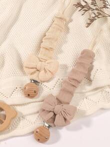 2pcs Baby Solid & Printed Pacifier Clips, Bowknot Pacifier Holder, Wooden 3-Hole Pacifier Clips, Suitable For Daily Use In Blue, Pink, Khaki