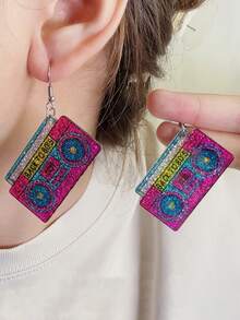 1 Pair Vintage Acrylic Magenta Radio & Cassette Tape Minimalist Design Earrings For Women