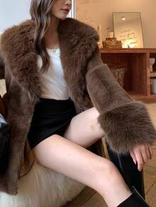 女士纯色长袖仿毛领系腰圣诞外套休闲冬季 - 咖啡棕 - 查看 8