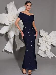 Bandage Off Shoulder Bodycon Dress, Handmade Beaded, Sexy & Fitted, Slit, Suitable For Family Gatherings, Parties, Banquets, Cocktail Dresses