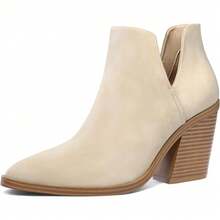 Women's Slip-On Ankle Boots – Cutout Pointed Toe Chunky Mid Heel Booties For Casual, Work & Daily Wear - A-trắng - Xem 1
