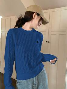 韩版优雅纹理圆领女式长袖刺绣套头毛衣