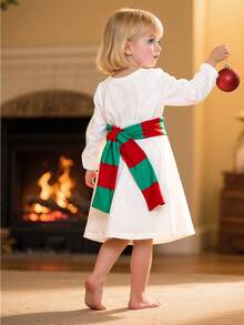 Conjunto de vestido de manga larga con cuello redondo y estampado de muñeco de nieve + decoración con cinturón para niñas, otoño/invierno - Blanco - Ver 2