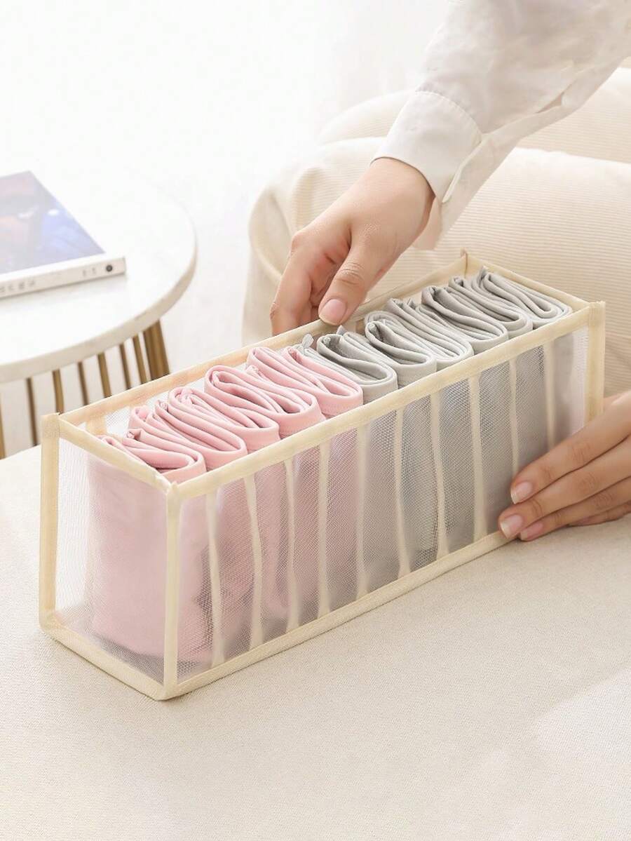1pc Grey/Black/Beige Transparent Nylon Mesh 11-Grid Underwear Socks Storage Box, Minimalist Fabric Foldable Organizer For Socks, Underwear, Clothes - Space-Saving Compartment Organizer, Suitable For Home, Bedroom, Dorm - Black - View 1