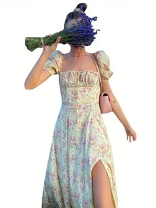 Women's Floral Print Square Neck Dress French Split Hem Dresses Elegant And Sexy - Màu Mù tạt vàng - Xem 3