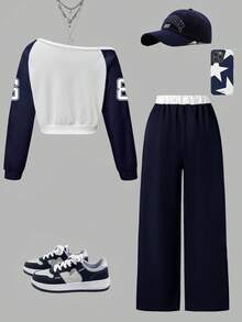 Tween Girl Letter Graphic Print Asymmetric Neck Sweatshirt And Sweatpants Set