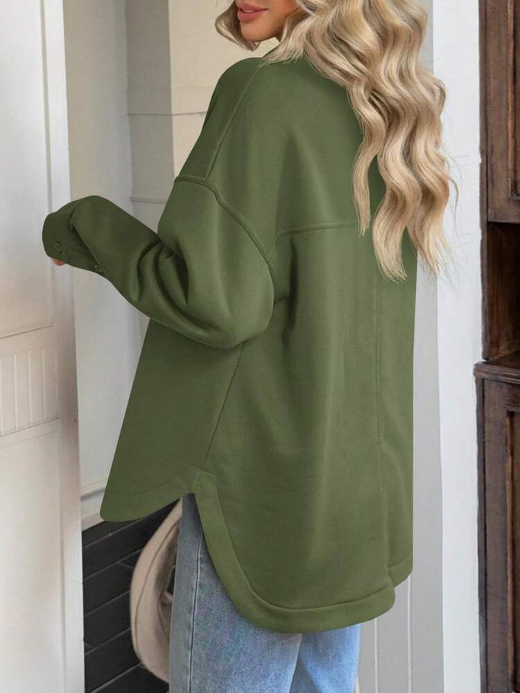 Fisoew Women Oversized Sweatshirt Long Sleeve Henley V Neck Pullover Top Fall Winter Cozy Loungewear Casual Streetwear Soft Y2K Vintage Blouse - xanh quân đội - Xem 3