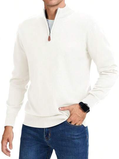 Men's Quarter Zip Long Sleeve Knitted Pullover Mock Neck Business Casual Sweater, Stylish