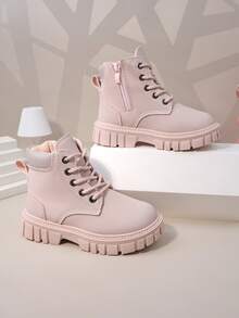 1 双粉色幼儿/儿童哑光柔软军靴，圆头，保暖厚底，前部系带，侧面拉链，经典短靴，适合男孩/女孩，休闲，学校，度假，派对，秋冬 - 粉色 - 查看 6