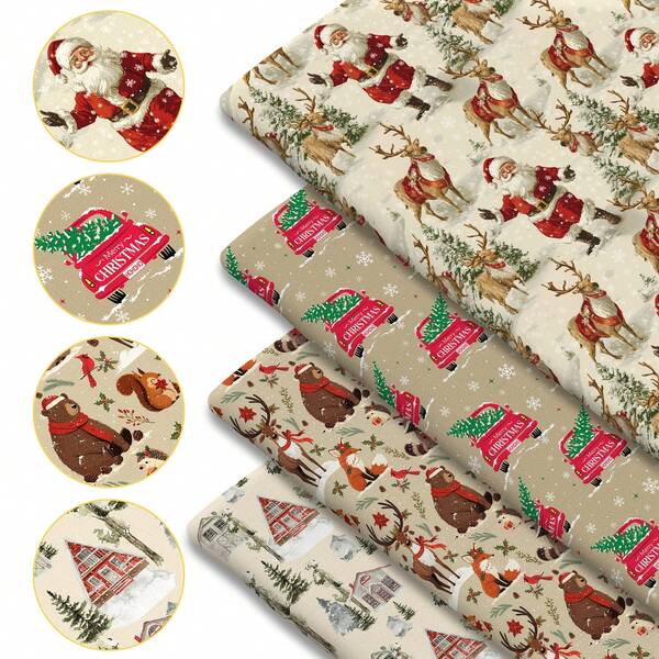A Piece Of Christmas-Themed Printed Quilt Fabric, Measuring 59X19.68 Inches (150X50 Cm), Made Of Pre-Cut Polyester For DIY Crafts. It Features Vibrant Forest Animals, A Red Truck, Santa Claus, And Reindeer, With A Woodland Print Design Suitable For Sewing, Patchwork, Scrapbooking, Tablecloths, And Crafts.