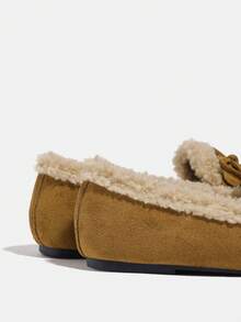 女士时尚复古绒面革毛绒保暖一脚蹬乐福鞋，棕色方头百搭舒适蝴蝶结平底鞋，2025 年秋冬新品 - 棕色 - 查看 10