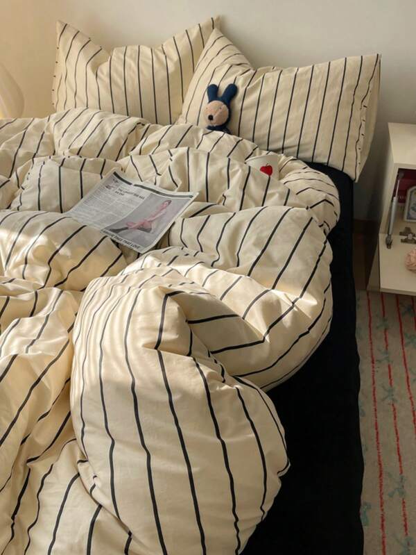 Juego de funda nórdica a rayas vintage de 100% poliéster, 2 fundas de almohada + 1 funda nórdica (sin sábana)