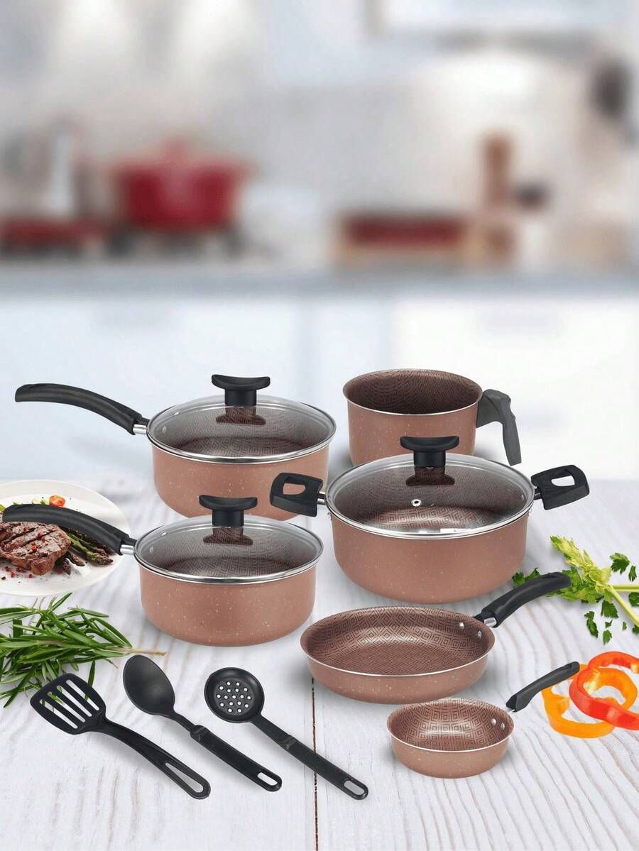 Cookware Set Casserole Set 9 Pieces Kit Nonstick Glass Lid Elegance With Cutlery - 巧克力棕 - 查看 1