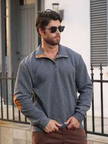 男士提花针织卫衣，秋冬简约立领打底衫，纯色圆领T恤，男士长袖T恤，送给男友的节日礼物 - 灰色 - 查看 7