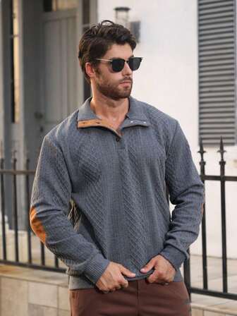 Men's Jacquard Knit Sweatshirt, Autumn/Winter Minimalist Stand Collar Undershirt, Solid Crew Neck T-Shirt, Men's Long Sleeve T-Shirt, Holiday Gift For Boyfriend