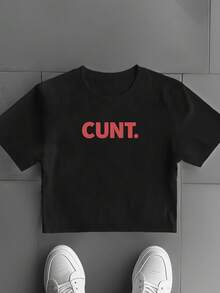 1pc Word Bold Pinkish Red  Typography Women's Fashion Short Sleeve T-Shirt, Y2K Clothes, Back To School Clothes, Vintage Clothes, Street Wear, Rock, Holiday, Vacation, Festival, Summer Tops - 黑色 - 查看 3