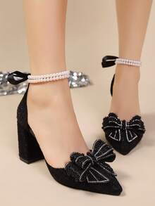 Giày cao gót đế dày mũi nhọn đính ngọc trai trắng thanh lịch - Kiểu dáng sang trọng và thời trang cho những dịp đặc biệt, giày cao gót nữ thanh lịch, trang phục dự tiệc. - màu đen - Xem 3