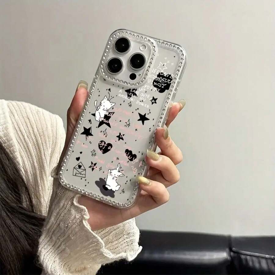 Teléfono IMD con polvo brillante de dibujos animados, borde brillante transparente con orificio grande, funda protectora 16 Promax 15 14 Plus 13 12 11, regalo, regalo de Año Nuevo, regalo de Pascua, regalo de Halloween, amigos, familia - transparente - Ver 1