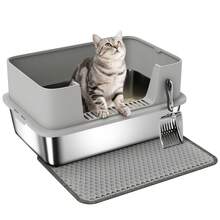 PawHut Stainless Steel Litter Box With Scoop, High Sided Cat Litter Tray - Grey - View 2