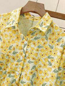 Áo sơ mi nữ tay dài in hoa cỡ lớn, hàng ngày, cài nút đơn, thích hợp cho mùa xuân và mùa thu - Màu vàng - Xem 4