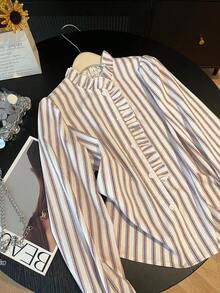 白色条纹荷叶边领长袖纽扣宽松女式衬衫，优雅百搭，适合通勤和外出穿着，春夏款 - 彩色 - 查看 6