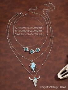 3pcs/Set Vintage Western Style Faux Turquoise Necklace Set - Multicolor 1 - View 3