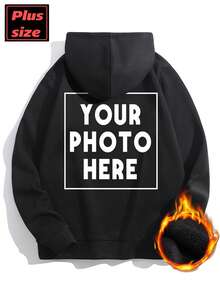 Plus Size Men's Personalized Hoodie, Customize Your Photo/Group Photo/Couple/Couples/Family/Friend/Pet/Landscape Photo, Black Plus Size Top, Plus Size Men's Thermal Lined Hoodie, Best Friend Gift, Winter, Valentine's Day/Father's Day/Anniversary/Birthday Gift, Gift For Him, Plus Size Men's Apparel, Anniversary Gift, Company Team Building Top Customization, Charity Team Top Customization, Family Gathering Top, Autumn/Winter Thermal Lined Hoodie - Black - View 1