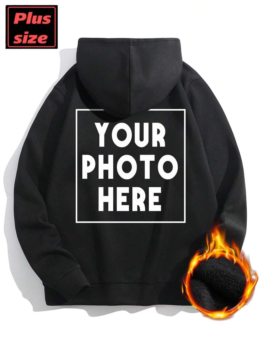Plus Size Men's Personalized Hoodie, Customize Your Photo/Group Photo/Couple/Couples/Family/Friend/Pet/Landscape Photo, Black Plus Size Top, Plus Size Men's Thermal Lined Hoodie, Best Friend Gift, Winter, Valentine's Day/Father's Day/Anniversary/Birthday Gift, Gift For Him, Plus Size Men's Apparel, Anniversary Gift, Company Team Building Top Customization, Charity Team Top Customization, Family Gathering Top, Autumn/Winter Thermal Lined Hoodie - Black - View 1
