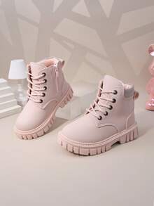 1 双粉色幼儿/儿童哑光柔软军靴，圆头，保暖厚底，前部系带，侧面拉链，经典短靴，适合男孩/女孩，休闲，学校，度假，派对，秋冬 - 粉色 - 查看 2