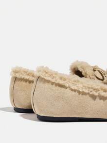 女士时尚复古绒面绒面毛绒保暖一脚蹬乐福鞋，杏仁头，百搭，保暖，蝴蝶结软底，2025秋冬新款 - 杏色 - 查看 10