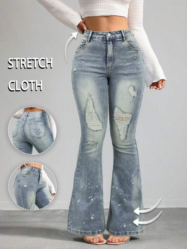 Y2K Bootcut Women Jeans Hole Solid Color High Slim Fit Waist Stretch Simple Casual Vintage Versatile Streetwear 2000s Style Fall Clothes Outfits Vintage Clothes Going Out Outfits