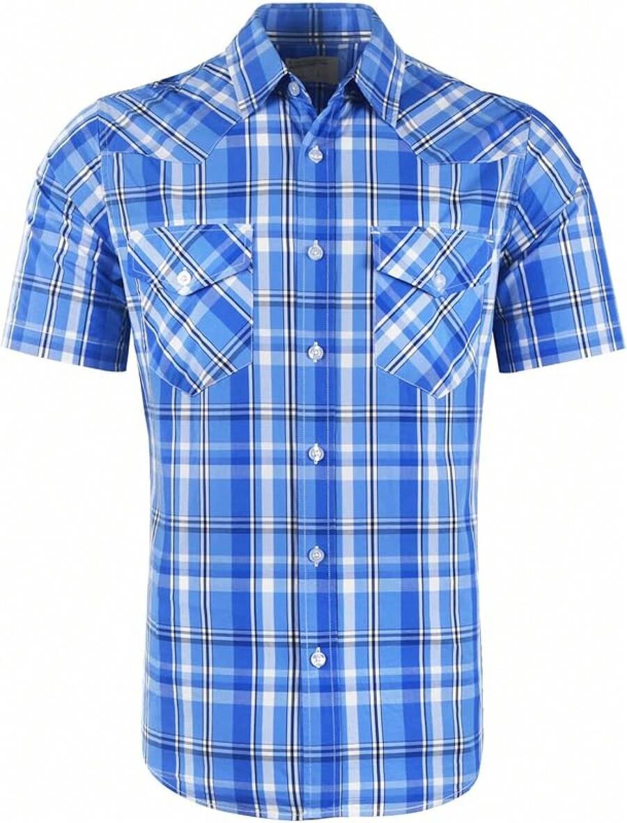 Mens Short Sleeve Plaid Button Down Shirt Western Casual Shirts With Two Pocketshalloween - 藍色 - 查看 1