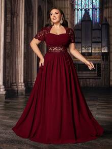 QOQ 高贵大码女士正式礼服优雅晚礼服派对礼服，适合生日派对、晚宴、婚礼宾客，蕾丝泡泡袖雪纺礼服，情人节 - 酒紅色 - 查看 4