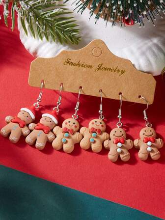 3 Pairs Christmas Cute Gingerbread Resin Earrings Set For Women, Suitable For Holidays And Daily Wear, Best Gift Choice