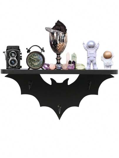 Estante de murciélago con 3 ganchos para llaves, estantes flotantes negros para la sala de estar - Habitación gótica de Halloween
