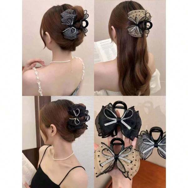 1pc Women's Shiny Bow Polka Dot Mesh Puff Hair Claw Clip, Elegant Hair Claw Flower Hair Clip For Bun Fall Winter Hair Accessories For Women For Vacation Outfits Woman Fashion Hair Clutch