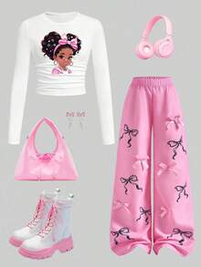 Tween Girl Cartoon Print Long Sleeve Top And Digital Print Bowknot Pants Set