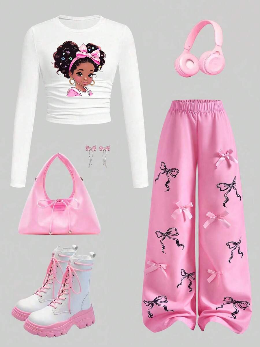 Tween Girl Cartoon Print Long Sleeve Top And Digital Print Bowknot Pants Set