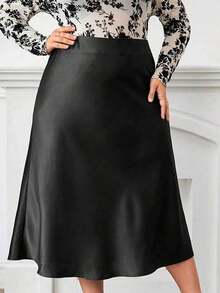 Plus - Size Women's Black Satin Midi Skirt For Autumn And Winter: Pair It With Our Floral Long - Sleeve Chiffon Top, Exuding Elegance And Warmth, Perfect For Office, Parties And Casual Occasions