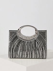 AIBBYDAR Women's Evening Bag, Black Fashion Ladies Handbag With Artificial Diamond Decor, Ring Handle, Suitable For Evening Dress, Portable Cosmetic Bag & Wallet, Detachable Metal Shoulder Strap, For Party, Wedding, Lightweight Polyester, Magnetic Closure - Black - View 3