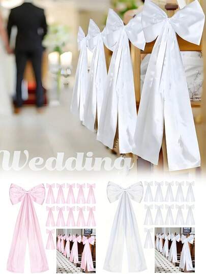 4 pezzi di nastro di raso bianco e rosa, fiocco decorativo per lo schienale della sedia da matrimonio, fiocco di seta per la copertura della sedia da banchetto, decorazione a fiore per lo schienale della sedia, nastro di raso per la decorazione della strada del matrimonio, grande fiocco per la panca da matrimonio, fiocco di nastro fai-da-te, decorazione per la navata del matrimonio per addii al nubilato, ricevimenti, cerimonie nuziali con coda lunga